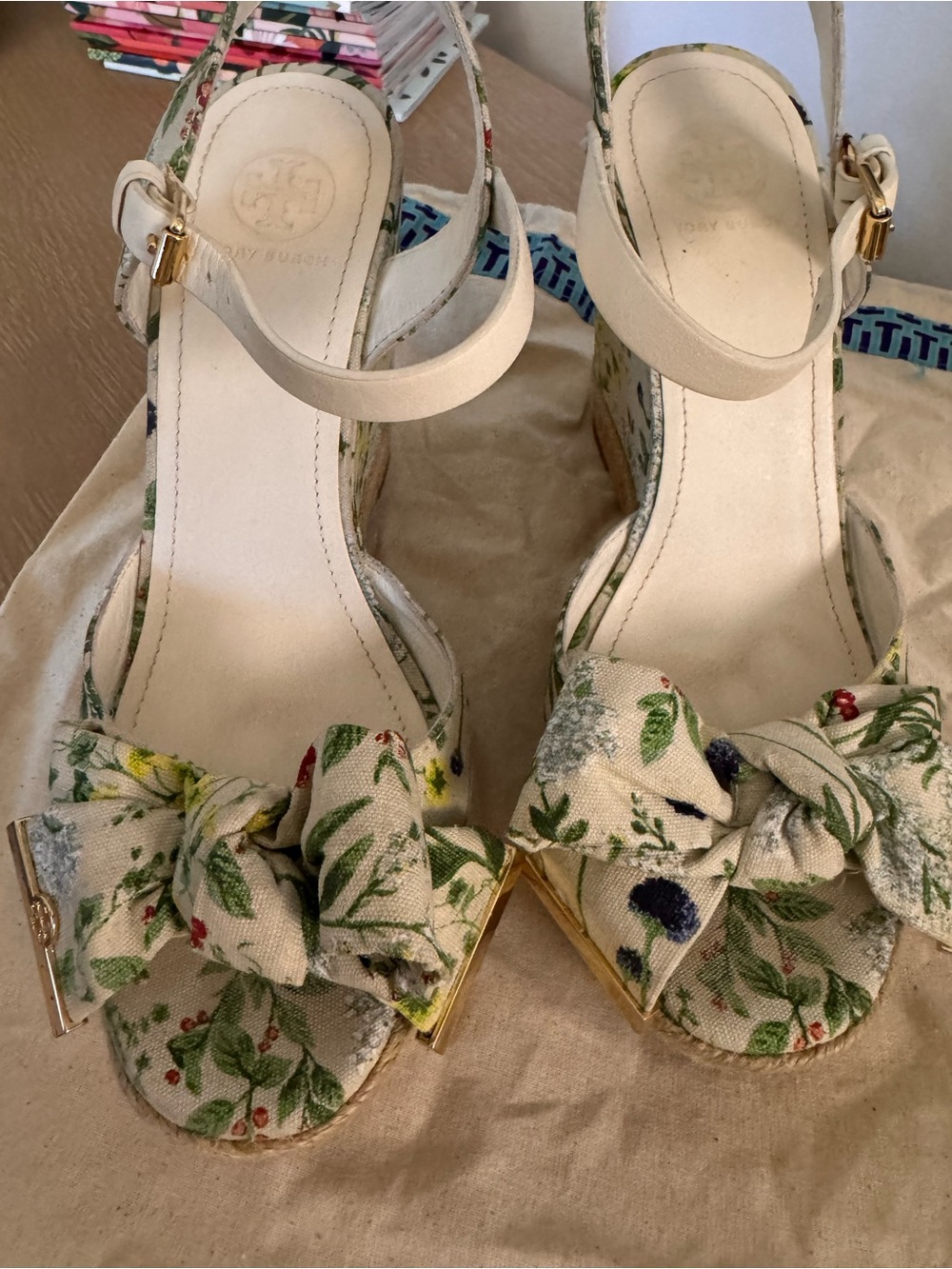 Tory Burch Cream Floral Canvas Bow Platform Wedges